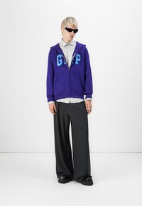 Persoon die zwarte zonnebril draagt, een paarse rits-hoodie met het "GAP"-logo, een gestreept overhemd met knopen, brede zwarte broek en zwarte schoenen, staat.