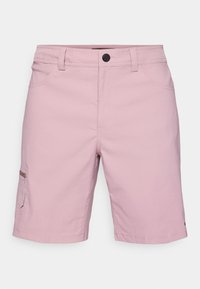 Light pink shorts made of cotton blend fabric, featuring a front button closure, side pockets, and a zippered pocket on the left leg.