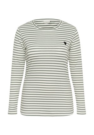 Bluză cu mâneci lungi, cu dungi albe și verde măsliniu. Prezintă un decolteu rotund și un mic detaliu în formă de inimă neagră pe piept. Textură moale a țesăturii.