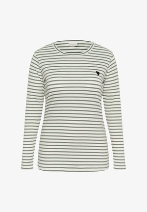 Gestreept top met lange mouwen in wit en olijfgroen. Heeft een ronde hals en een klein zwart hartdetail op de borst. Zachte stoftextuur.