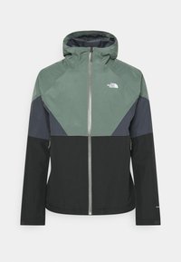 Kurtka z kapturem charakteryzująca się designem w kolorze blokowym w odcieniach zieleni, granatu i czerni, z zapięciem na zamek z przodu, dwoma bocznymi kieszeniami i detalami logo.