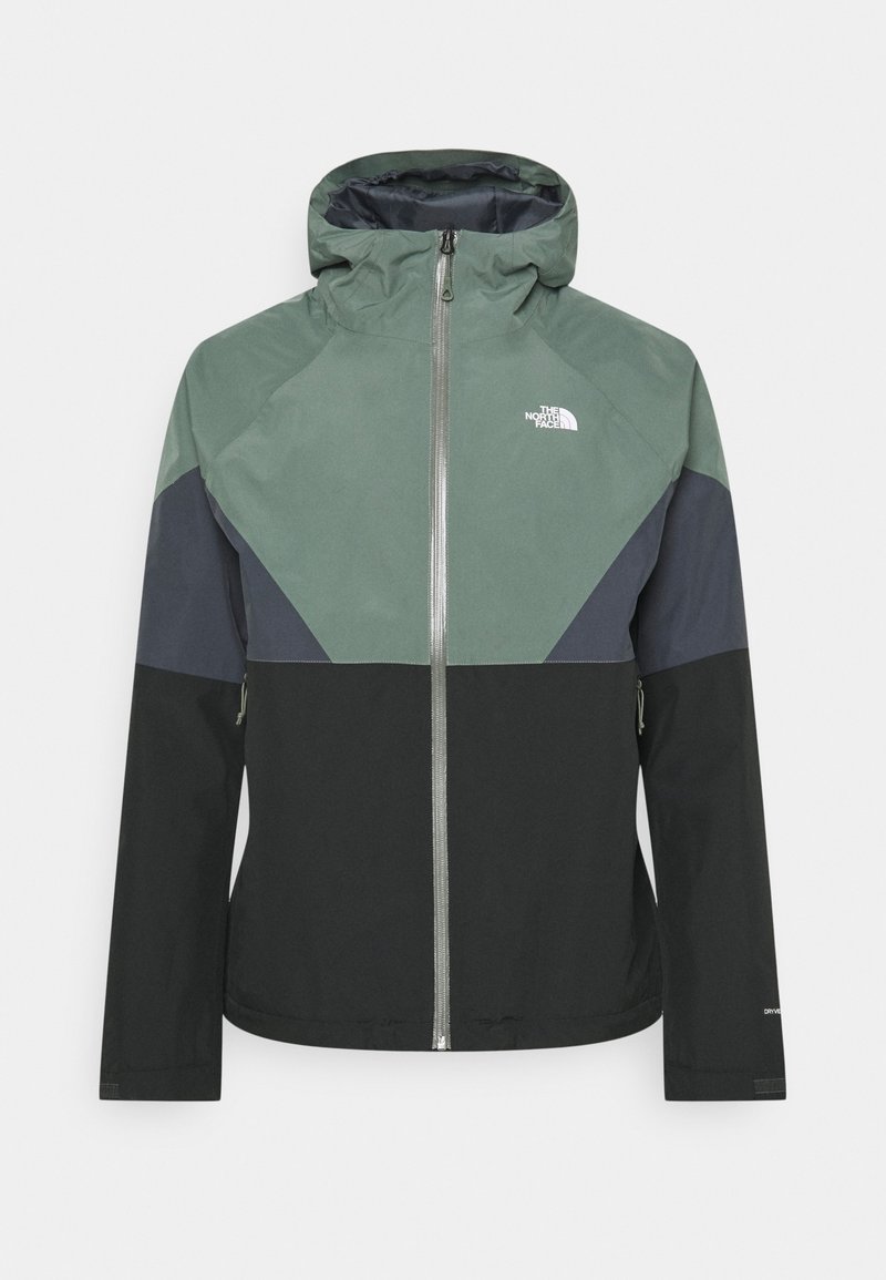 Kurtka z kapturem charakteryzująca się designem w kolorze blokowym w odcieniach zieleni, granatu i czerni, z zapięciem na zamek z przodu, dwoma bocznymi kieszeniami i detalami logo.