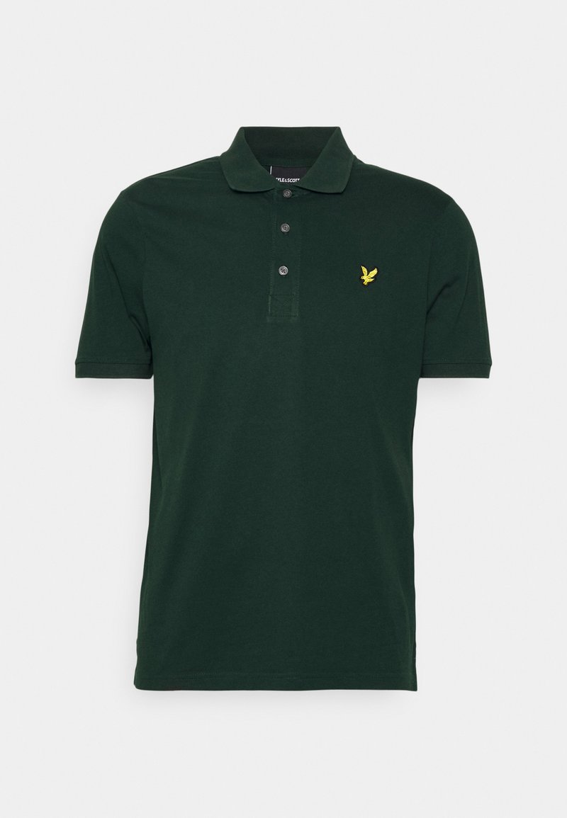 Tmavě zelené polo tričko vyrobené z bavlny. Má límeček, tříknoflíkovou légu a malé žluté vyšívané logo na hrudi.