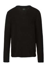 Schwarzer gestrickter Pullover mit langen Ärmeln und Rundhalsausschnitt. Strukturierter Stoff mit lässiger Passform, ohne sichtbare Hardware oder Akzente.