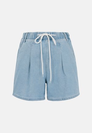 Lyseblå denimshorts med elastisk talje, hvid snor til justering, sidelommer og afslappet pasform.