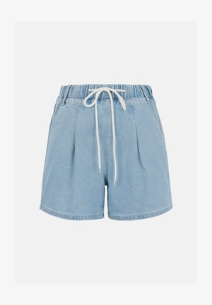 Hellblaue Jeansshorts mit elastischem Bund, weißem Kordelzug, Seitentaschen und lockerem Sitz.