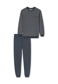 Ensemble de vêtements de détente gris foncé comprenant un haut à manches longues texturé avec une poche poitrine et un pantalon assorti à poignets élastiques.