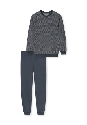 Ensemble de vêtements de détente gris foncé comprenant un haut à manches longues texturé avec une poche poitrine et un pantalon assorti à poignets élastiques.