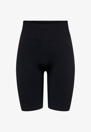 Pantalones cortos de ciclismo negros de talle alto sin costuras, con un diseño ceñido y largo hasta mitad del muslo, mostrados sobre un fondo blanco.