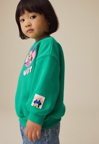 Grøn sweatshirt med et cartoon-design på fronten og et flapdetalje på ærmet. Blødt stof med ribbede manchetter og kant.