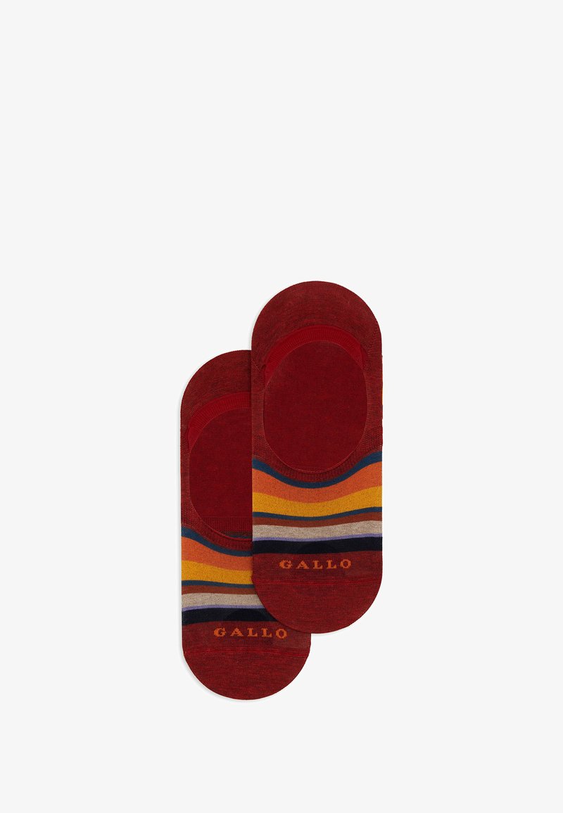 Calzini di cotone rossi con design a taglio basso, caratterizzati da strisce ondulate multicolori in arancione, giallo, blu e nero. Inclusa la logo "Gallo".