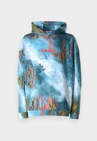 Hooded sweatshirt featuring a blue and multicolored abstract pattern. Smooth fabric, elastic cuffs and hem, with red text design.