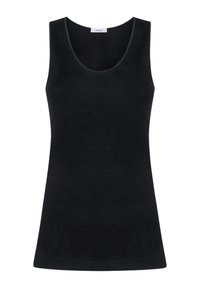 Maglietta senza maniche nera realizzata in un tessuto morbido. Presenta un girocollo e una silhouette aderente con una texture liscia.