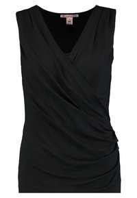 Top nero senza maniche realizzato in un tessuto liscio e elastico, con scollatura a V profonda e dettagli arricciati in vita, creando un effetto drappeggiato.