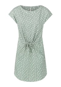 Groene jurk van zachte stof, met een losse pasvorm, korte mouwen, een gathered taille met een strik en een wit stippenpatroon.