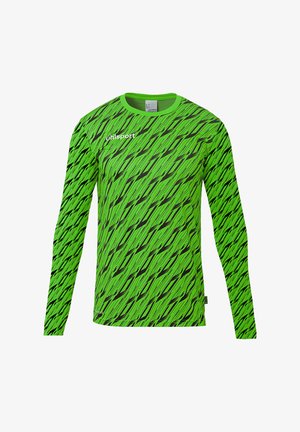 Long-sleeve shirt in bright green, featuring a diagonal black stripe pattern. Made of lightweight fabric with a round neck design.