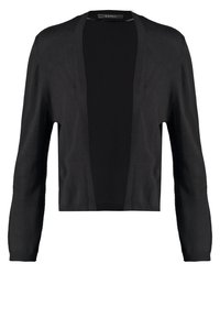 Svart cardigan med långa ärmar, öppen front, mjuk textur, slim fit, tillverkad av lätt material, med en minimalistisk design.