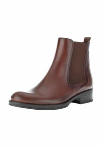 Botte Chelsea en cuir marron avec panneaux latéraux élastiques, bout rond et petit talon empilé. Texture lisse avec un minimum de détails de couture.
