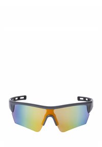 Sport sunglasses with a sleek black frame and gradient orange to blue reflective lenses. Features a wrap-around design for enhanced coverage.