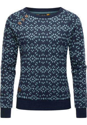 Marineblauwe trui met lange mouwen, lichtblauw geometrisch patroon en drie houten knopen op de linkerschouder.