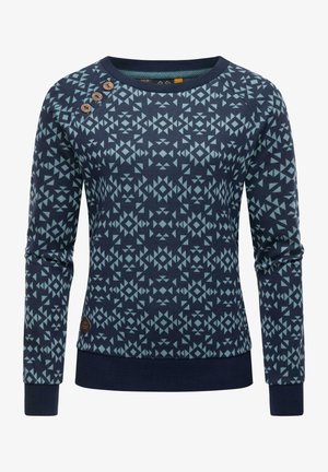Pull à manches longues bleu marine avec un motif géométrique bleu clair et trois boutons en bois sur l'épaule gauche.