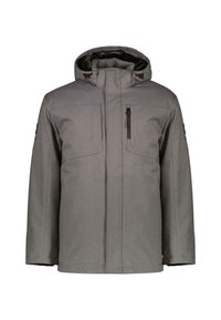 Grijze waterdichte jas met capuchon, frontale rits, ritszak op de borst en twee zijzakken. Voorzien van verstelbare manchetten en een gestructureerde afwerking.