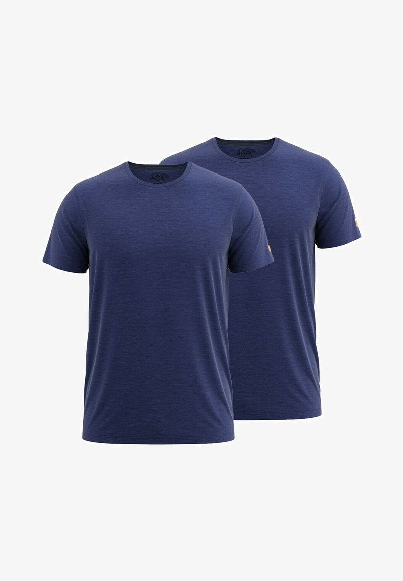 Due magliette a maniche corte di colore blu navy esposte. Presentano un collo rotondo, una texture morbida e un design minimalista. Nessun motivo o logo visibile.