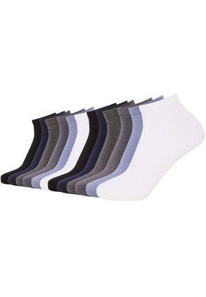 Collection of 12 ankle socks in various colors: black, white, navy, gray, and light blue. Smooth texture with elastic cuffs for comfort.