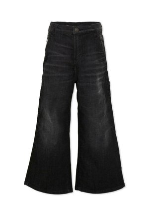 Jeans neri a gamba larga in denim con vita alta, passanti per cintura, chiusura frontale con bottoni e tasche laterali.