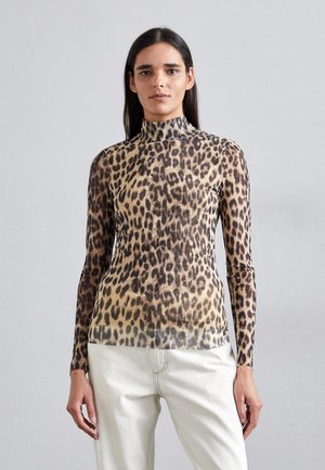 Leopardenprint longsleeve top van doorschijnende stof, met een hoge hals en een getailleerd ontwerp, aangevuld met een zachte textuur.