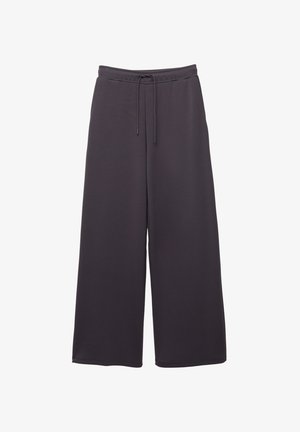 Tmavě šedé kalhoty s širokými nohavicemi, elastickým pasem a šňůrkou, vyrobené z hladké tkaniny, vystavené na bílém pozadí.