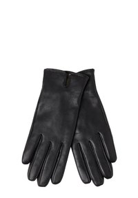 Black leather gloves with a smooth texture, featuring five elongated fingers and a subtle seam detail along the edges.