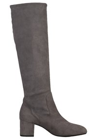 Grey suede knee-high boot with a block heel, pointed toe, and seamless design. Features a smooth texture and no visible hardware details.