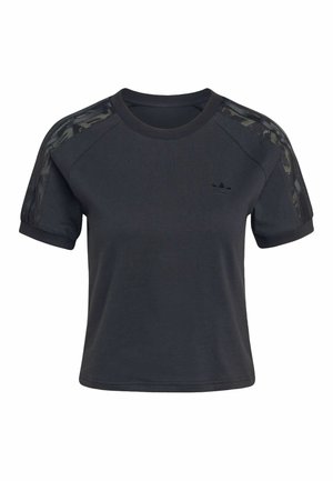 Schwarzes T-Shirt mit kurzen Ärmeln, das Mesh-Details an den Schultern, einen runden Ausschnitt und ein kleines Logo auf der Brust aufweist. Sanfter Stoff und lockere Passform.