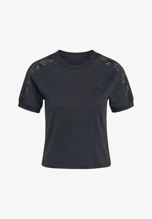 T-shirt noir à manches courtes avec des détails en mesh sur les épaules, un col rond et un petit logo sur la poitrine. Tissu doux et coupe décontractée.