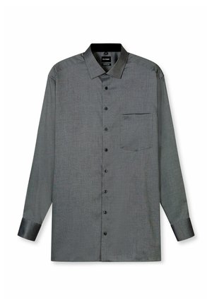 Long-sleeve button-up shirt in dark gray with a subtle pattern, featuring a chest pocket and black buttons on a smooth fabric.