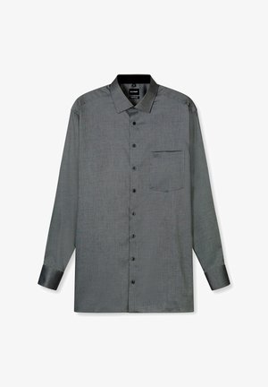 Long-sleeve button-up shirt in dark gray with a subtle pattern, featuring a chest pocket and black buttons on a smooth fabric.