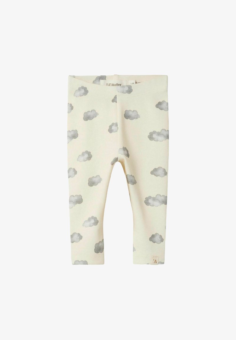 Jasno kremowe legginsy z miękkiego bawełnianego materiału, ozdobione rozrzuconymi szarymi wzorami chmur. Elastyczny pas zapewniający komfort.