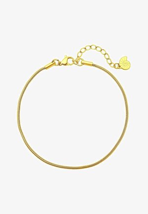 Bracciale color oro con un design intrecciato, dotato di un gancio a moschettone e di un'estensione a catena. Include un ciondolo decorativo a spirale.