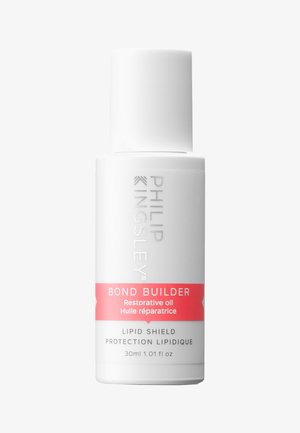 Weisse zylindrische Flasche mit Schraubverschluss, beschriftet mit "Bond Builder" in Pink. Enthält 30 ml regeneratives Öl mit glattem Finish.