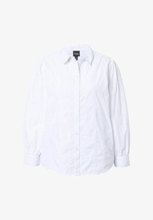 Witte button-up shirt met een kraag, opgezette lange mouwen en subtiele hartborduursels op de stof. Zacht, textuurrijk katoen materiaal.