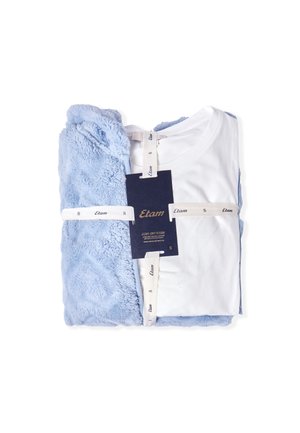 Il set include una vestaglia in pile blu e una maglietta bianca, unite da etichette bianche. Le etichette indicano il marchio "Etam" e la taglia "S."