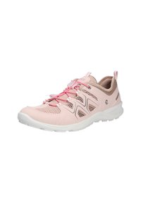 Baskets athlétiques rose clair avec tige en maille, semelle blanche et lacets roses. Comprend un intérieur rembourré et des motifs décoratifs sur le côté.
