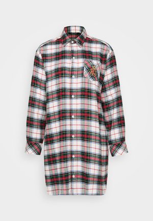 Rutig flanellskjorta med röd, grön och vit checkmönster, knappstängning fram, krage och en vänster bröstficka med broderad detalj.