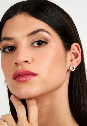 Orecchini a forma di fiore in argento con pietre preziose rotonde e scintillanti, caratterizzati da una finitura lucida. Il modello ha la pelle liscia e un trucco neutro.