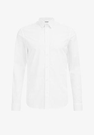 Witte overhemddresshirt gemaakt van een gladde stof, met een rij knopen aan de voorkant, lange mouwen en knoopmanchetten.