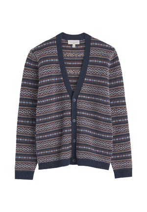 Marineblauwe cardigan met een V-hals en knopen aan de voorkant, voorzien van een geometrisch patroon in crème, roest en blauw. Gebreide textuur met geribde manchetten.