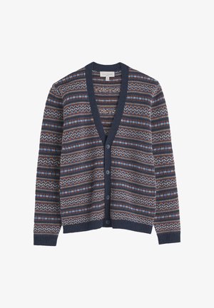 Cardigan marine avec un col en V et une fermeture à boutons, présentant un motif géométrique en crème, rouille et bleu. Texture tricotée avec des poignets côtelés.
