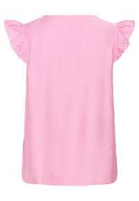 Blouse rose pâle à manches courtes avec manches volantées et un design simple et ample, vue de dos.