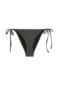 Bas de bikini côtelé gris foncé avec fermetures à nouer sur les côtés sur fond blanc.